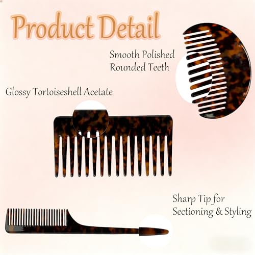 3PCS Wide Tooth Combs & Rat Tail Combs for Women - Acetate Detangling Combs for Bangs, Long, Curly, Thick, Thin, Wet and Dry Hair - Tortoise Shell Fine Tooth Hair Parting Comb for Braiding & Styling - color: Chestnut