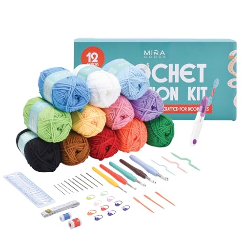 Mira HandCrafts Crochet Kit for Beginners - Essentials Set with 12 Acrylic Yarn Skeins and Other Knitting Accessories, Including Ruler, Hooks, Needles, Stitch Holders, Row Counters, Measuring Tape - size: 12 Pack Kit