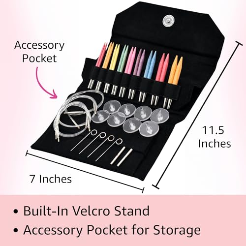Lykke Colour 3.5-inch Interchangeable Circular Knitting Needle Set | Standard US 3, 4, 5, 6, 7, 8, 9, 10, 10.5 Black Case, Birch Semi-Sharp Tips, Smooth Metal Joins, Swivel Cables, Project Bag - color: Colour-with-Black-Suede-Case