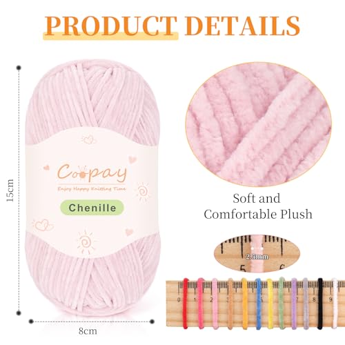 Coopay Skinny Chenille Yarn, Soft Yarn for Crochet & Knitting, Lotus | Crochet Yarn Set - 600g Total, Soft Velvet Yarn for Colorful Crafts, Blankets, Plush Dolls, Decorative Handmade Works - color: Light Lotus, size: #2 Thin