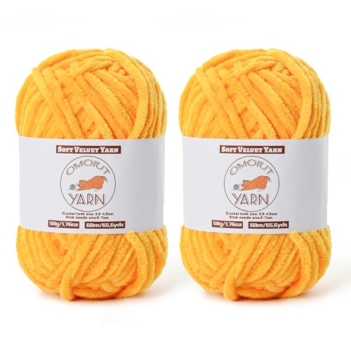 2 Pack Golden Yellow Fluffy Velvet Yarn for Crocheting, Chunky Chenille Baby Blanket Yarn for Crochet, Soft Fuzzy Puzzle Yarn for Knitting, (50g/1.77oz Each) Bulky Thick Amigurumi Crochet Yarns - color: 2 Golden Yellow