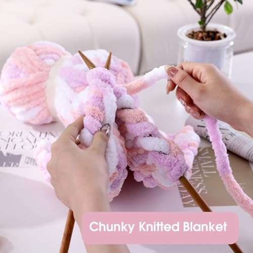 HOMBYS Pink,Purple,White Chunky Chenille Yarn for Hand Knitting,Fluffy Soft Jumbo Yarn Crocheting,Super Bulky Big Yarn for Chunky Blanket,Large Thick Arm Knitting Yarn,8 Pack Plush Yarn - color: Pink,Purple,White