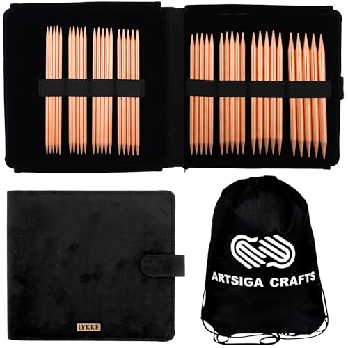 Lykke Cypra Large 6-inch DPN Knitting Needles Set | Large US 6, 7, 8, 9, 10, 10.5, 11, 13 Black Case, Birchwood Semi-Sharp Tips, Project Bag - color: Cypra-with-Black-Suede-Case