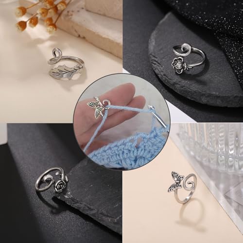 KYLELOVE 4 Pcs Adjustable Aluminium Crochet Yarn Tension Ring for Crocheting, Modern Knitting Ring for Finger Tensioner Loop, Cat Peacock Rose and Butterfly Design - color: 4 Pcs Rose and Butterfly