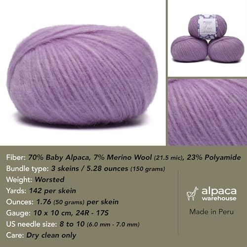 Baby Alpaca Merino Yarn 3 Skeins 150g Worsted Weight Knitting Lavender F. | Pullu baby alpaca merino blend made in Peru 3 skeins 150g 426yd total for knitting and crochet sweaters scarves and hats - color: Lavender Fields