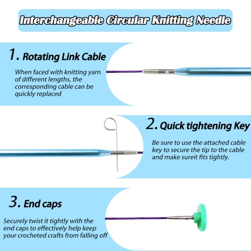 Yarniss 4-Inch Circular Knitting Needle Set with Case,Size 3.0~10.0mm | 13 Pairs Interchangeable Aluminum Knitting Needles with 4 Cables - color: Blue