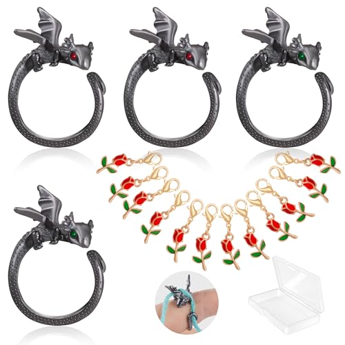 HUISUYTON Dragon Crochet Tension Ring for Finger, 4Pcs (Black) | Lefties & Righties Crochet Rings with Storage Box, Yarn Guide Ring for Crocheters Knitters Mom Grandma Gifts - color: Black