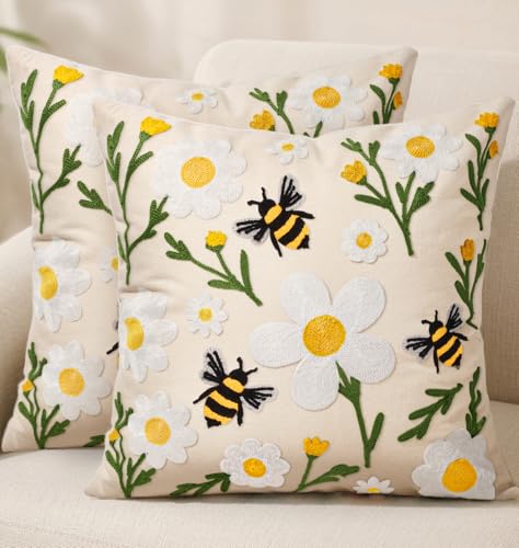 Embroidered Throw Pillow Covers 18x18 Inch, 2Pack, Flower Bee | Decorative Pillow Covers Set of 2, Farmhouse Cushion Cases with Hidden Zipper, Floral Decor for Couch, Sofa, Living Room - color: Flower Bee, size: 18" x 18" (Pack of 2)
