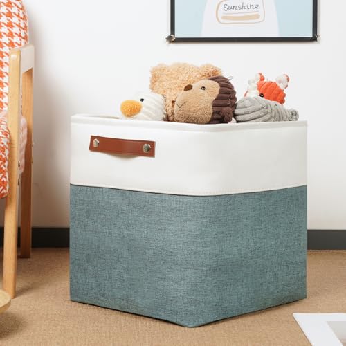 DULLEMELO Set Of 4 Cube Storage Bins, Fabric Storage Basket for Shelves Closet Nursery Toy Storage, 12 inch Fabric Storage Cubes Bins Canvas Organization Baskets (White&Deep Green) - color: White&Dark Green, size: M-12"x 12"x12"