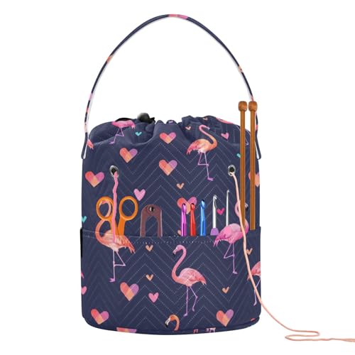 Fustylead Cute Pink Flamingo and Hearts Crochet Drawstring Organizer, Large Yarn Bag Storage Tote Basket for Crocheting On The Go, Kit Holder, Gift for Knitter, Crochet Beginner - color: Blue08 Flamingo