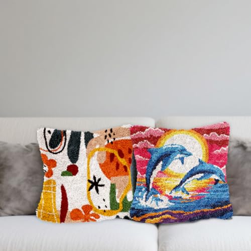 FREEBLOSS 17 x 17 Latch Hook Kits for Adults Beginners Dolphin Pre Printed DIY Crochet and Latch Kits Pillow Cover for Home Sofa Decoration, Includes Instructions
