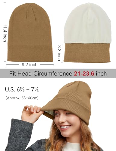 Fleece Lined Wool Beanie Hat Men Women, Warm Cuffed Winter Cap | 50% Wool Thermal Knit, Soft Velvet Fleece Liner, Long Style Full Ear Cover Warm Watch Cap, Tall Roomy Crown Skull Cap - color: Coffee