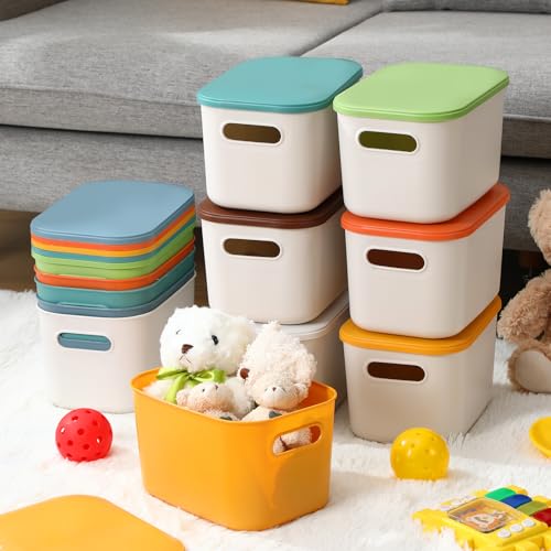 Thyle 12 Pack Stylish Color Storage Bins with Lids for Classroom | Stackable with Handles and Labels, Organizer for Toy Craft Classroom Storage, Shelf Bedroom Organizing, 10x7x6 Inch - color: Stylish Color