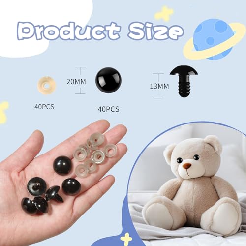 Zhbrchz 80pcs 20mm Black Plastic Safety Eyes with Washers for Crocheting | Crafts Safety Eyes with Washers for Amigurumi Crochet Bears Stuffed Animals Doll Making - size: 20mm
