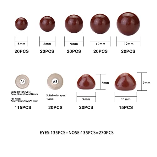 Safety Eyes and Noses for Amigurumi, Brown Plastic Doll Eyes and Teddy Bear Nose with Washers for Crochet Stuffed Animals, Crochet Toy and Teddy Bear for Doll Making Supplies - color: Brown