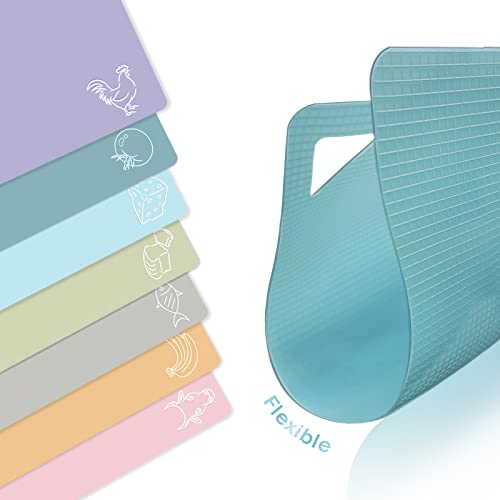 7 Pieces Plastic Flexible Cutting Boards for Kitchen, BPA- Free,15"x12" | Non Slip Cutting Mats with Food Icons, Easy-Grip Handles - color: Soft Colors