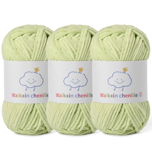 Skinny Chenille Yarn for Crocheting, 3 Pack of 1.75 oz/109 yds Amigurumi Yarn&Baby Yarn for Crocheting Soft, Fluffy Fingering Weight Velvet Yarn for DIY Crafts&Baby Blankets.(3 Fresh Green) - color: 3 Fresh Green
