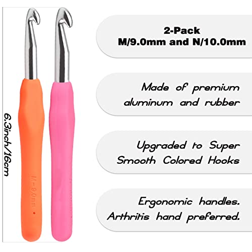 YOJOB 2-Pack Size M / 9mm, N / 10mm Crochet Hooks, Ergonomic Crochet Hook | Super Smooth Knitting Needles with Soft Rubber for Beginner and Advanced (9.0mm, 10.0mm) - size: 9mm, 10mm