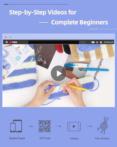 Katech Crochet Kit for Beginners w/Striped Tote Bag 3-1 Step-by-Step Guide | Tote Bag Crochets Kit clue Yarn Crochet Hooks for Adults Beginners Learn to Crocheting Crocheted Starter Kit Crocheter Gift - color: Blue White