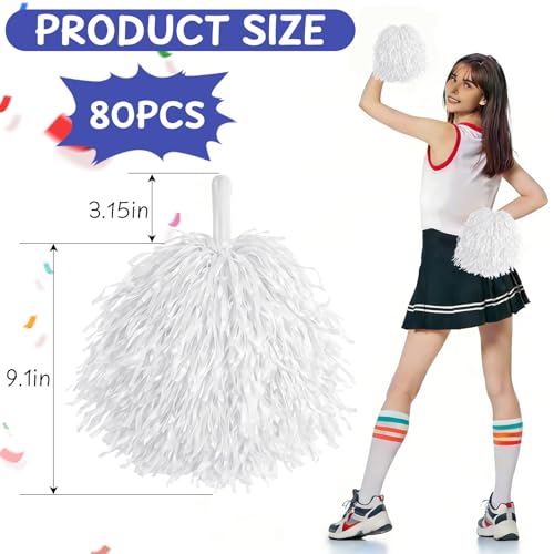 80PCS Pom Poms Cheerleading Sports Dance Spirit Plastic Cheer Pompoms with Handles Cheer Pom Poms Cheerleader Stuff for Cheering Squad Team Spirited Sports Game Dance Party - color: white