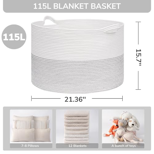 INDRESSME 115L Extra Large Woven Rope Blanket Basket Living Room, White | Storage baskets for organizing toys, laundry & pillows. Fits living room, bedroom or nursery décor. Soft-touch with handles - color: White, size: 23.6"D x 15.7"H