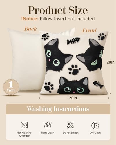 Embroidered Throw Pillow Cover 20x20 Inch, Cat Bone | Decorative Pillow Cover, Whimsical Cushion Case with Hidden Zipper, Cottagecore Decor for Couch, Sofa, Living Room, Bedroom - color: Cat Bone, size: 20" x 20" (Pack of 1)