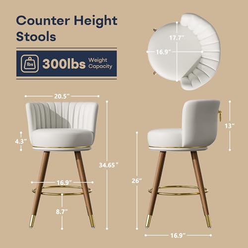 26 Inch White Leather Swivel Counter Bar Stools Set of 4 | Upholstered pleated backs, wood legs, gold footrests, 300lbs capacity swivel chairs for home kitchen islands - color: White, size: 26" Counter Height-4 Pieces