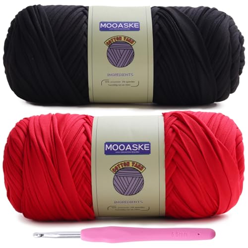 Mooaske 2 Pack T-Shirt Crochet Yarn for DIY Knitting Crochet Cloth Blanket Bag Dolls - 400g Chunky Thick Yarn for Crocheting with Polyester-Spandex Blend Elastic Fabric (Black + Red) - color: Black + Red