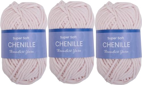 ThreadArt 3 Pack Chenille Yarn for Crochet, #5, Blush Pink 04 | Super soft plush chenille yarn for crochet, knitting, amigurumi, blankets and toys. Fluffy #5 weight, 50g/60yd skeins. - color: BLUSH PINK, size: 3 PACK