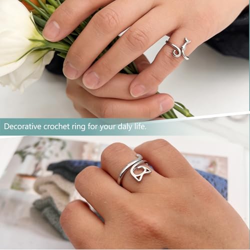 6PCS Silver Adjustable Crochet Tension Rings Set, Cat Yarn Guide Finger Rings with Storage Box for Knitting & Crochet ﻿
