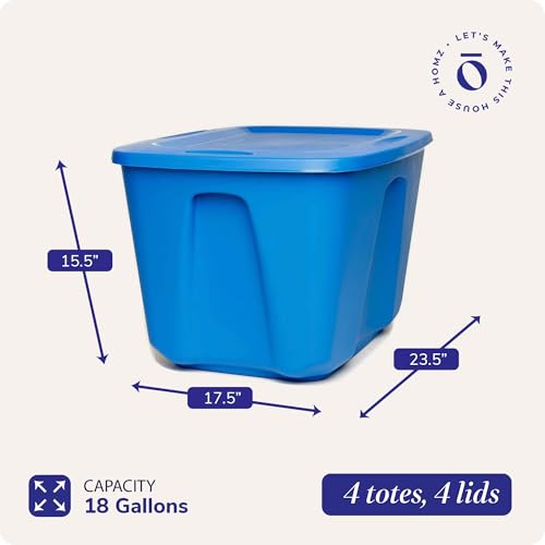 HOMZ 4-Pack Durable Molded Bin, Plastic Storage Containers w/Lids, 18 Gallon, Blue - Stackable Organizer Totes and Boxes for Bedroom, Kitchen, and Garage Organization - color: Blue, size: 18 Gallon (4 Pack)