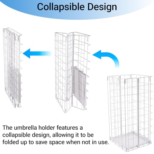 Umbrella Stand, Umbrella Holder for Entryway, Large Metal Foldable Umbrella Rack Organizer Freestanding, with Water Tray and Hooks, Rectangular Hollow Rack 9.5 x 9.5 x 19.7 Inches (White) - color: White