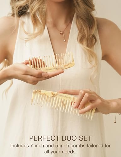 Heesch Wide Tooth Comb for Curls, Wet, Thick Hair Set of 2, Large 7-inch Hair Comb and Small 5-inch Travel Comb for Women, Detangling Comb for Curly Hair Made from Cellulose Acetate, Ivory Marble - color: Ivory Marble