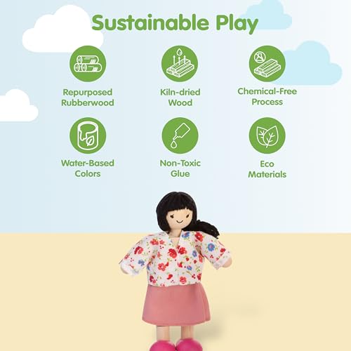 PlanToys® Mother Wooden Poseable Dollhouse Figurine 1:12 Scale 5-Inch Doll | mom character, doll house people accessories, bendable arms, kids pretend play, storytelling learning gift ages 3+ for girls - color: Asian Mom