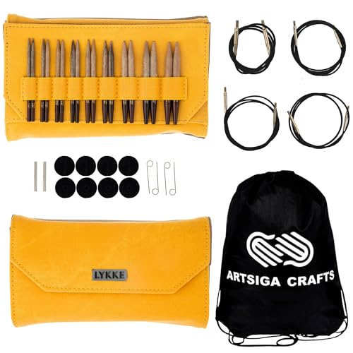 Lykke Umber 3.5-inch Interchangeable Circular Knitting Needle Set | Standard US 3, 4, 5, 6, 7, 8, 9, 10, 10.5 Dandelion Case, BirchSemi-Sharp Tips, Smooth Joins, Swivel Cables, Project Bag - color: Umber-with-Dandelion-Case