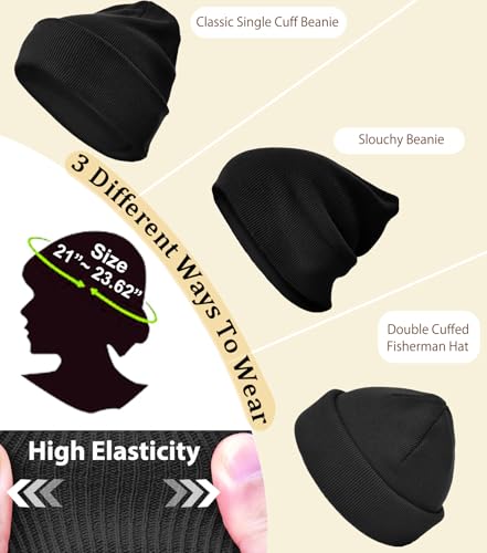 100% Cotton Beanie Hat Winter Hats Women Men Warm Knit Beanies | Double Layer Warmth ,Ultra-Soft Itch-Free Pure Cotton Knitted, Cuffed & Uncuffed Fisherman Slouchy Skull Cap for Womens Mens - color: 2pcs-(black + Green)