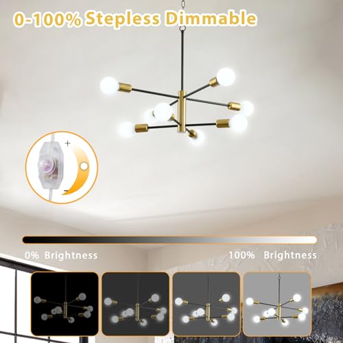 8-Light Plug in Chandelier, Sputnik Chandelier with Cord Modern Industrial E26 Black and Gold Pendant Light Hanging Lights Ceiling Lighting Fixture for Living Room, Bedroom, Dining Room, Kitchen - color: Sputnik