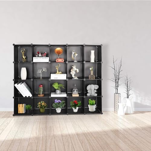 Cube Storage Organizer, DIY Plastic Closet Cabinet Modular Bookcase, Storage Shelves for Bedroom Living Room, Office（20-Cube，Plastic） - color: Black, size: 20 Cubes