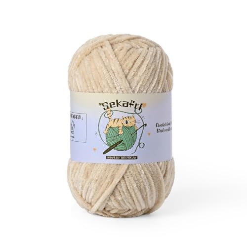 Fuzzy Chenille Yarn for Crocheting, Fluffy Amigurumi Crochet Yarn for DIY Craft/Hat/Shoes, (100g/197yds) Soft Velvet Baby Blanket Yarns（Beige） - color: Beige