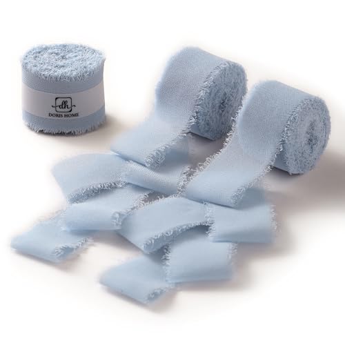 DORIS HOME Handmade Frayed Fringe Chiffon Ribbon 1" x 21Yd Dusty Blue | Fabric Ribbon, For Flower Bouquet/Gift Wrapping/Wedding Invitations/Christmas Decorations/Party Decor - color: Dusty Blue