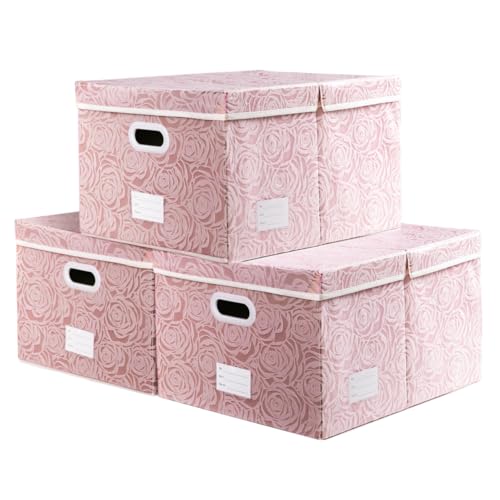 PRANDOM Jumbo Collapsible Storage Boxes with Lids Fabric Decorative Storage Bins Cubes Organizer Baskets with Cover Handles Divider for Bedroom Closet Living Room 23.2x15.7x11.8 Inch 3 Pack - color: Pink, size: XX Large(3-Pack)