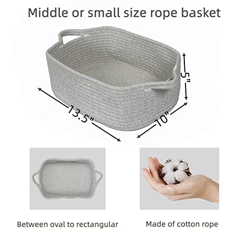 XUANGUO Medium Woven Cotton Rope Storage Basket with Handles, Light Grey | Small decorative rectangle storage bin for baby nursery items and cat toys; ideal as an empty gift basket or dog toy basket - color: light grey