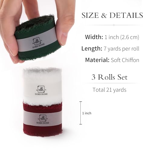 DORIS HOME Handmade Fringe Chiffon Ribbon 1" x 21Yd Green & Burgundy | Fabric Ribbon, For Flower Bouquet/Gift Wrapping/Wedding Invitations/Christmas Decorations/Party Decor - color: Dark Green/White/Burgundy