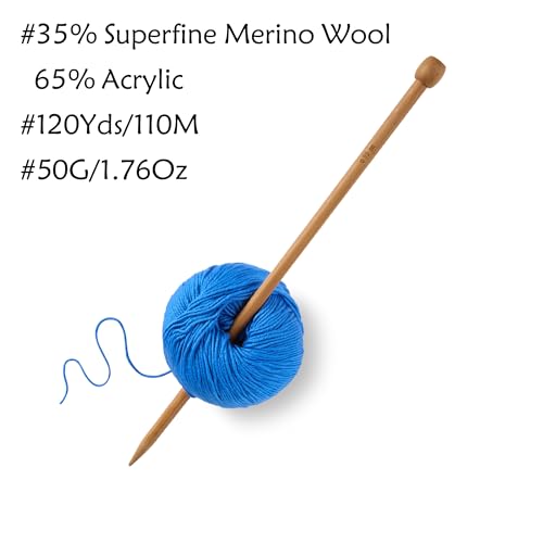 Merino Wool Yarn for Knitting & Crocheting - 35% Wool, 65% Acrylic - color: Blue, size: 2 Ball