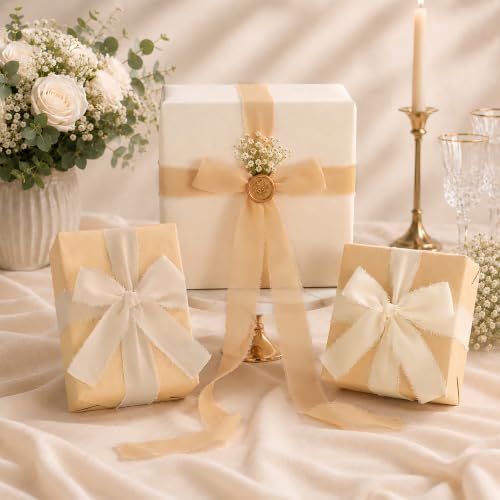 DORIS HOME Handmade Frayed Fringe Chiffon Ribbon 1" x 21Yd Nude & Ivory | Fabric Ribbon, For Flower Bouquet/Gift Wrapping/Wedding Invitations/Party Decorations - color: Nude and Ivory