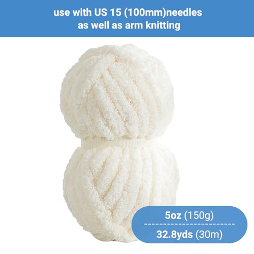 HOMBYS Cream White Chunky Chenille Yarn for Hand Knitting,Fluffy Soft Jumbo Yarn Crocheting,Super Bulky Big Yarn for Chunky Blanket,Large Thick Arm Knitting Yarn,8 Pack Plush Fuzzy Yarn - color: Cream White
