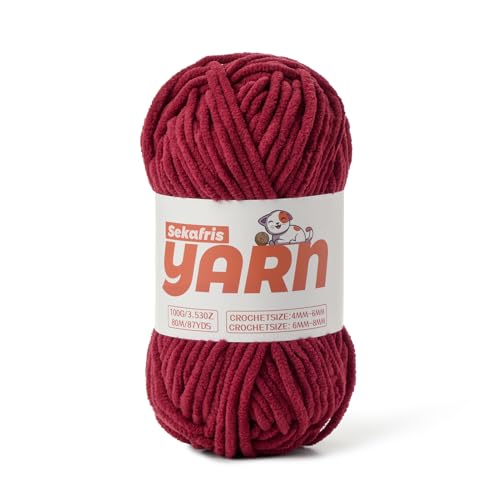 Burgundy Chunky Chenille Yarn for Crocheting, Baby Yarn for Crocheting Soft Blanket/Amigurumi, 100g (87.4yds) Super Bulky Fluffy Velvet Knitting/Crochet Yarn - color: Burgundy