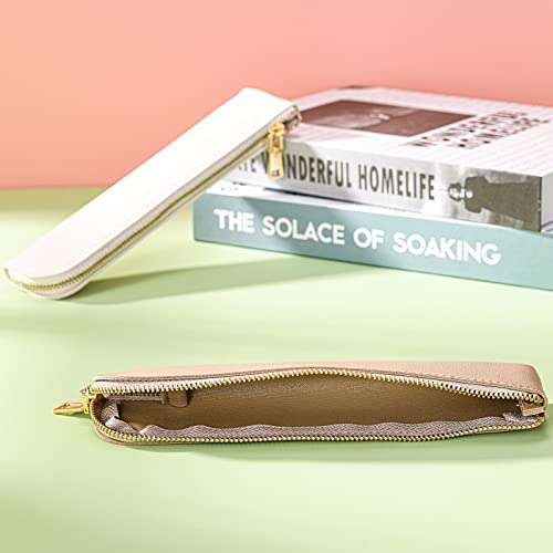 Leather pencil case, Thin soft pen bag, Small pencil case for adults,Senior leather Minimal pencil pouch with zipper.… - color: off white