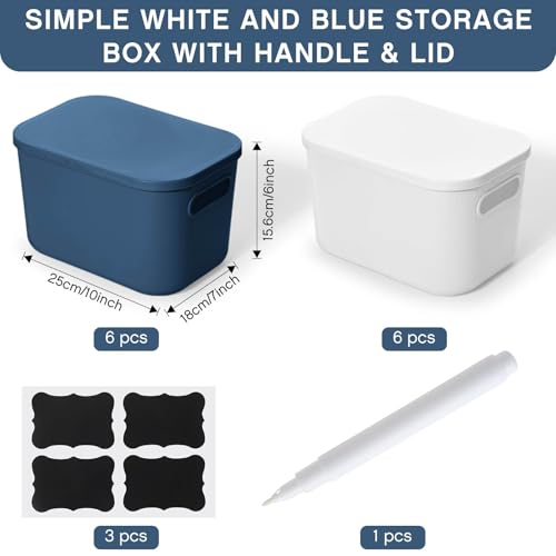 Thyle 12 Pack Blue White Plastic Storage Bins with Lids, Back to School Stackable Storage Container with Handle Label for Organizing Toy Craft for Classroom Shelf Bedroom Office 10 x 7 x 6 Inch - color: Blue, White