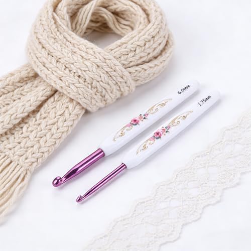 Crochet Hooks Needles,16 Pcs Cute Needles for Arthritic Hands,Extra Long Chinese Style Crochet Hook Set Flower Pattern Ergonomic Soft Grips Knitting Hook for Crochet Yarn Craft (Pink)